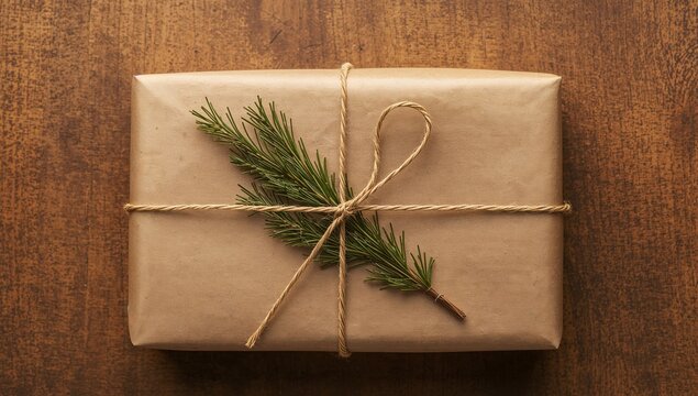 Rectangular Package Wrapped in Paper, Secured with Twine, and Adorned with Greenery.