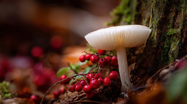 A white mushroom grows from a dark tree trunk with red berries in the forest