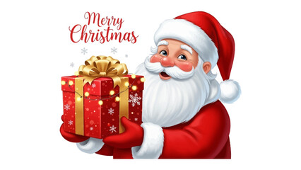 Santa's Christmas Cheer: A jolly Santa Claus, radiating festive joy, presents a beautifully wrapped gift box adorned with twinkling lights. Perfect for evoking the spirit of the season!