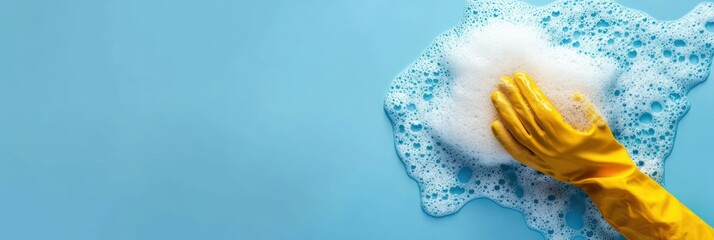 hand wearing yellow rubber glove holding white soap suds on bright blue surface symbolizing cleaning and hygiene