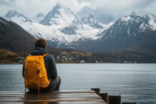 person with orange backpack sitting on a wooden dock overlooking a calm lake surrounded by snow-capped mountains under cloudy sky evoking peaceful solitude