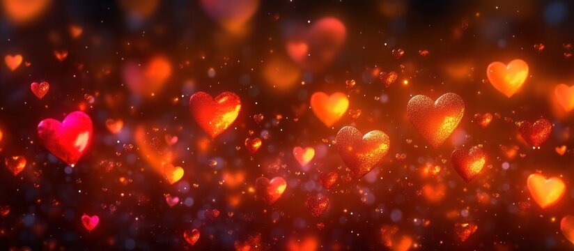 Glowing red and orange hearts floating in a warm, dark background with sparkling and glowing particle effects creating a magical and romantic atmosphere