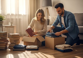 Couple Packing Books and Clothes for Moving.