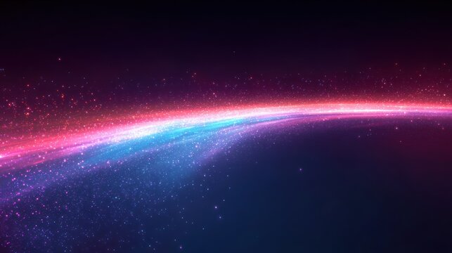 Vibrant glowing light trail with sparkling particles against dark background creating a cosmic and ethereal atmosphere