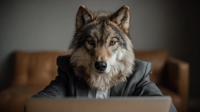 Wolf head person business suit sitting laptop moody office with focused expression, fur clad wolf suit working laptop evoking surreal warm lit