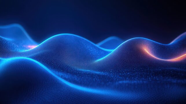 Abstract digital wave landscape with glowing blue and orange dotted grid on dark background conveying futuristic technology and data flow - Powered by Adobe