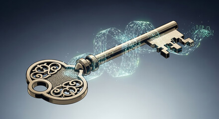 Antique key with glowing particles, symbolizing access and innovation