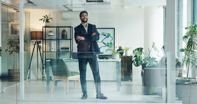 Business, man or thinking with arms crossed in office for startup vision, company development or ideas. Glass, professional and reflection at workplace for funding solution and dream opportunity
