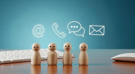 Customer service icons above wooden figures and keyboard