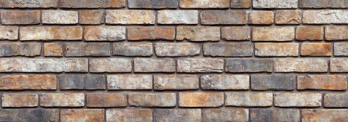 Obraz premium Rustic textured brick wall with varying shades of brown, gray, and orange bricks showcasing a weathered appearance