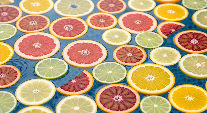 Assortment of colorful citrus fruit slices arranged on a blue background