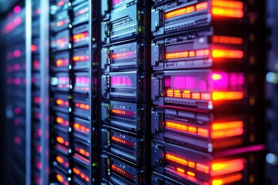Rows of high-tech server racks glowing with orange and purple LED lights in a modern data center environment
