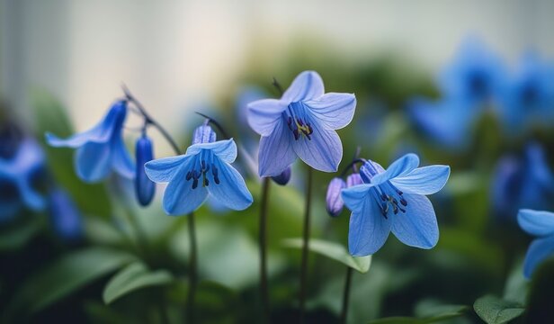 Close-up of delicate blue bell-shaped flowers with yellow and dark purple stamens surrounded by lush green leaves in natural light - Powered by Adobe