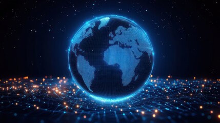 Digital globe representing Earth with illuminated continents and glowing network connections on a dark futuristic background
