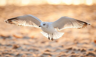 Obraz premium white seagull bird in mid-flight with wings spread wide over a blurred sandy background during golden hour