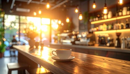 Cozy Café Ambiance: A cup of coffee rests elegantly on a wooden counter, bathed in warm light, suggesting a tranquil and inviting cafe experience. 