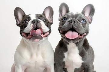 Fototapeta premium Two happy French bulldogs sitting side by side with tongues out and wide eyes against a white background