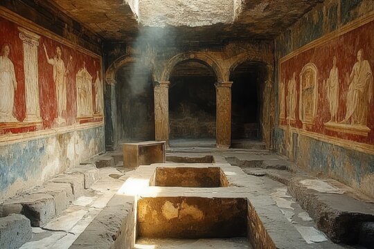 Ancient underground chamber with stone sarcophagi, detailed frescoes depicting classical figures on walls, and sunlight streaming through an opening in the ceiling