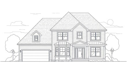 Architectural illustration of a residential house with garage and landscaping