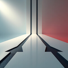 Three white paths converging into distance against blue and red walls with arrows