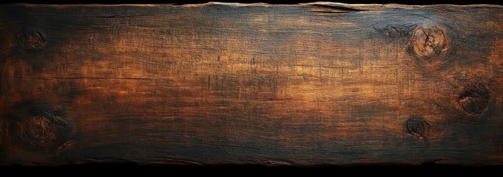 Close-up of a rustic dark wooden plank with visible grain patterns and knots against a black background