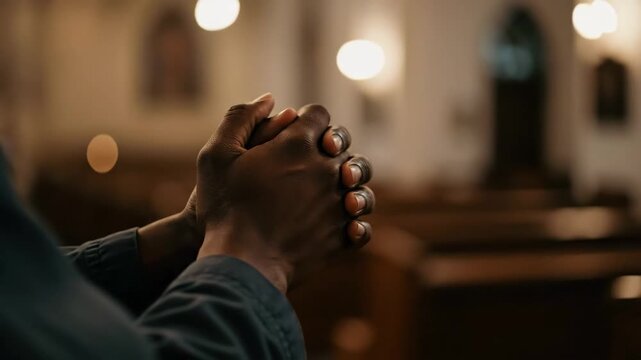 Christian man praying with clasped hands in a church, seeking spiritual guidance and reflection during worship service.