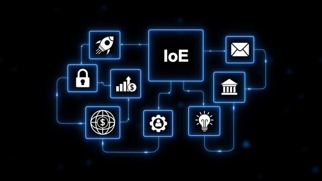 Internet of Everything Io E concept diagram with interconnected icons and glowing blue lines on dark background