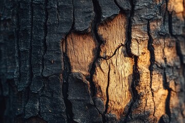 Close-up of textured tree bark with charred dark outer layer and glowing natural wood illuminated by warm light