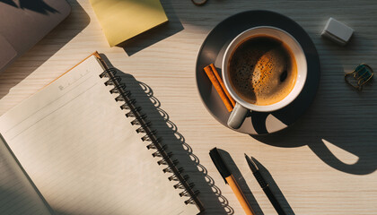 Work Space with a Coffee and a Note Pad: A well-lit workspace featuring a steaming cup of coffee beside a notepad, pen, and other stationary items.
