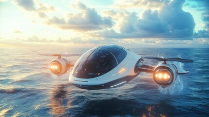 Futuristic flying vehicle hovering above the ocean at sunset surrounded by dramatic clouds