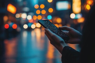 Person holding a smartphone at night with blurred city lights creating a vibrant bokeh background, reflecting a quiet and focused urban moment