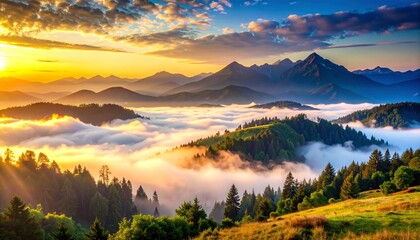 Majestic Mountains at Dawn: Witness the awe-inspiring beauty of a mountain landscape bathed in the warm, golden glow of sunrise. A sea of clouds drifts between the peaks.