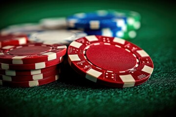 Close-up of colorful poker chips stacked and spread out on green felt casino table evoking excitement and chance