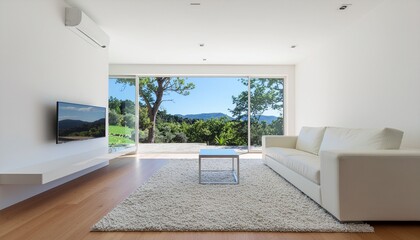 Modern Living Room Interior: A modern and airy living room features a sleek white sofa, large windows framing a stunning view of nature, creating a sense of peace and simplicity.