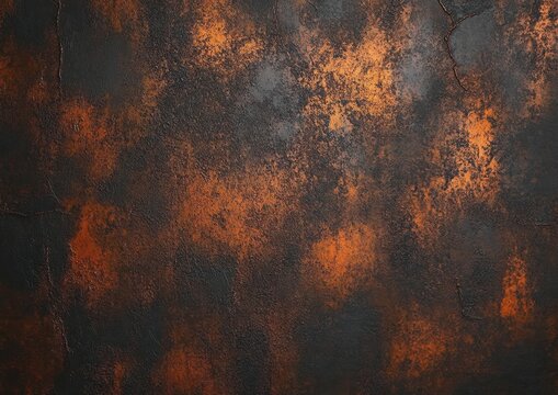 rough textured surface with dark black and rusty orange patches resembling oxidized metal or corroded wall - Powered by Adobe
