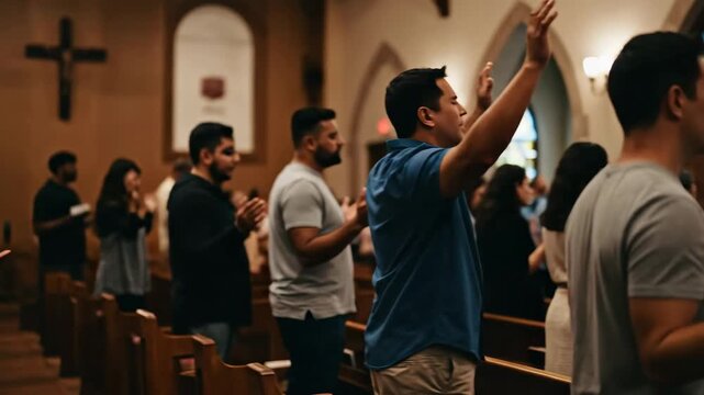 Diverse group of women and men raising hands in prayer stance during a Christian church service, demonstrating faith and worship.