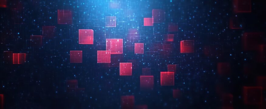 Abstract digital background with glowing red squares floating over a dark blue starry grid pattern representing data flow and technology