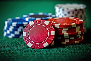Close-up of red, blue, and white poker chips stacked and scattered on a green felt surface, creating a vibrant gaming atmosphere