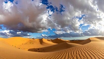Desert Vista Under Sky: A panoramic expanse unfolds, showcasing rolling sand dunes sculpted by wind, bathed in the soft glow of daylight beneath a canvas of dramatic, cloud-filled sky.