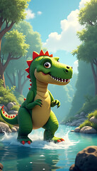 Happy green dinosaur splashing in a river surrounded by lush green trees