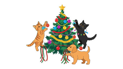Fototapeta premium Holiday Decorators: Adorable kitten and puppy companions decorate the Christmas tree, capturing the holiday spirit with festive cheer and heartwarming togetherness.