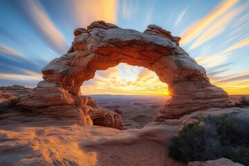 Natural rock arch formation with sun setting or rising behind it, dramatic colorful sky with streaked clouds, desert landscape and sparse vegetation