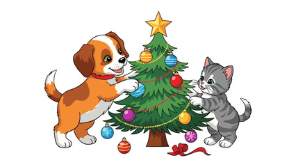 Holiday Companion: An adorable puppy and a curious kitten decorate a Christmas tree, creating a scene of holiday cheer. The illustration captures the essence of Christmas with joy.