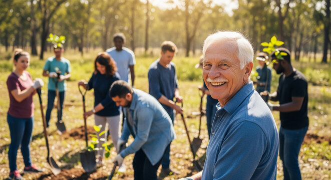 A group plants sapling with spade in a sunny grove. Smiling mature man in foreground. It represents community involvement, environmental conservation