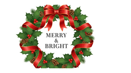 Festive Cheer: A vibrant Christmas wreath with Merry & Bright message. The wreath, adorned with lush green foliage, a brilliant red bow, and festive decorations, embodies the holiday spirit.