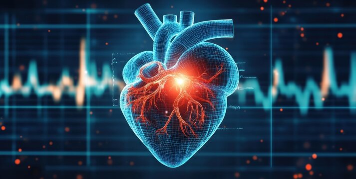 Digital 3d illustration of human heart with highlighted arteries and glowing effect against a dark background with heart rate rhythm emphasizing cardiovascular function