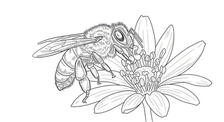 Detailed monochrome illustration of a bee pollinating a flower
