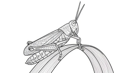 Detailed monochrome illustration of a grasshopper perched on green leaf