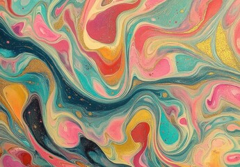 Abstract colorful flowing paint with swirling patterns in pink, teal, orange, yellow, and black, creating a vibrant and dynamic visual effect