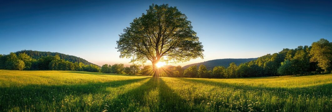 Sunlight shining through a large leafy tree in the center of a green meadow with rolling hills and blue sky at sunset